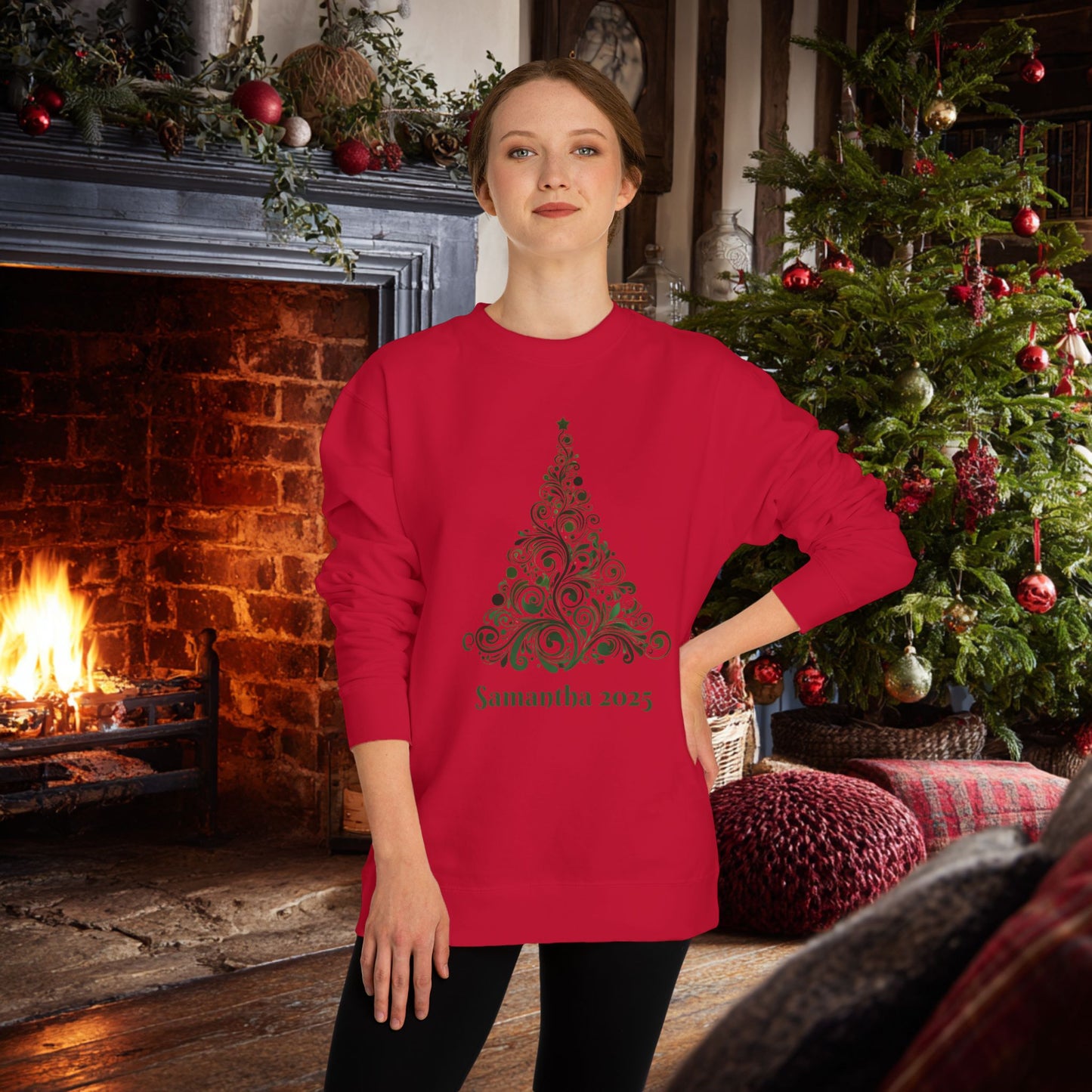 Swirl Christmas Tree Custom Sweatshirt Unisex Crew Neck. Personalized text is optional.