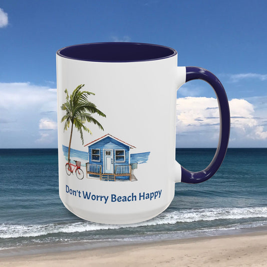 Don't Worry Beach Happy Personalized Coffee Cup 15oz. Custom name is optional. Perfect gift for the beach lover in your life or yourself.