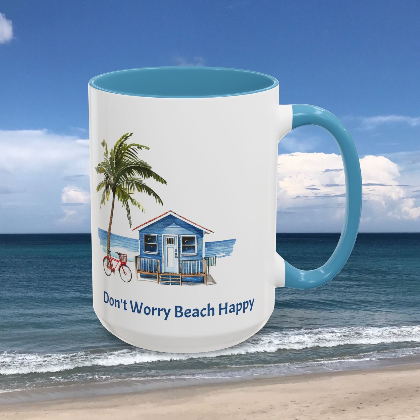 Don't Worry Beach Happy Personalized Coffee Cup 15oz. Custom name is optional. Perfect gift for the beach lover in your life or yourself.
