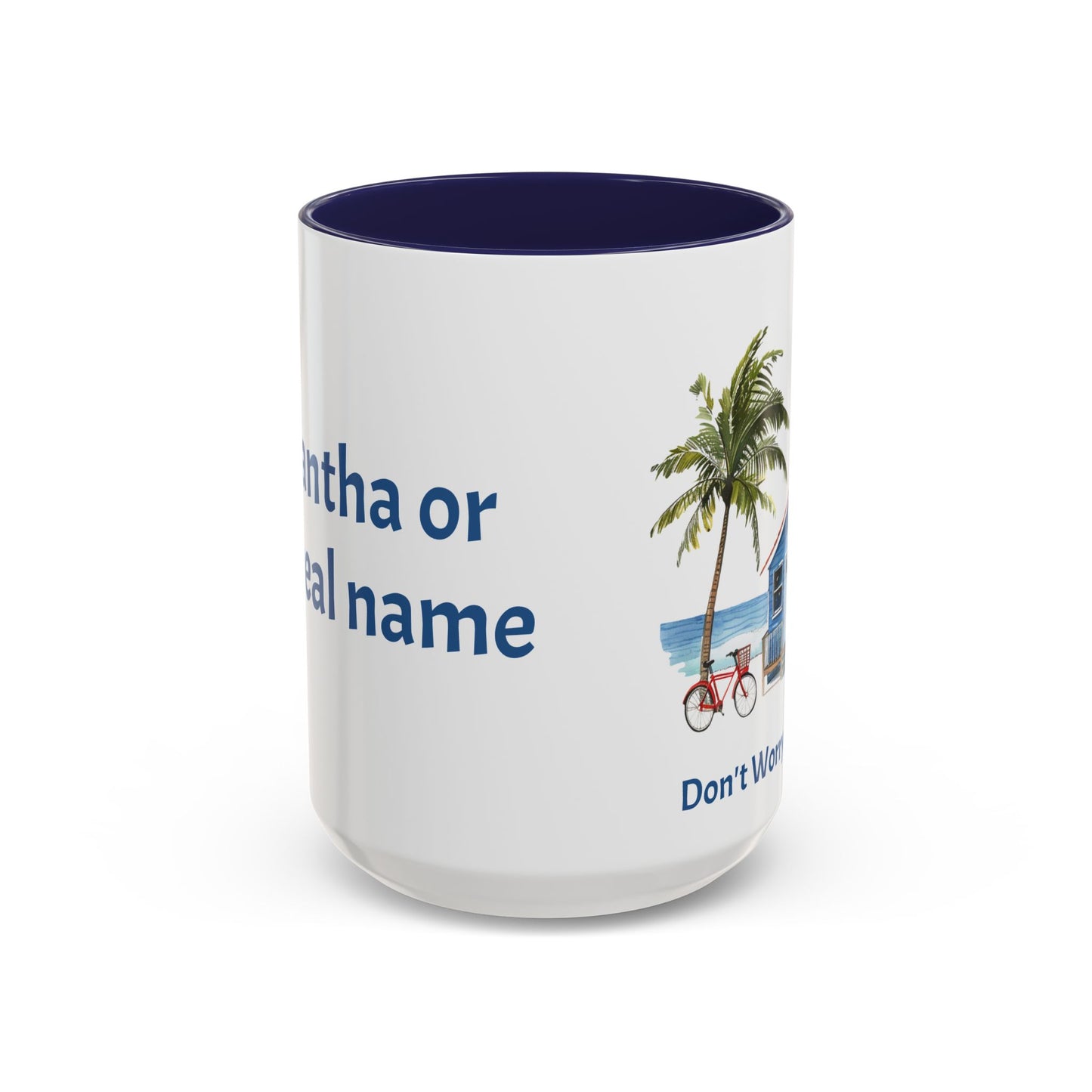 Don't Worry Beach Happy Personalized Coffee Cup 15oz. Custom name is optional. Perfect gift for the beach lover in your life or yourself.