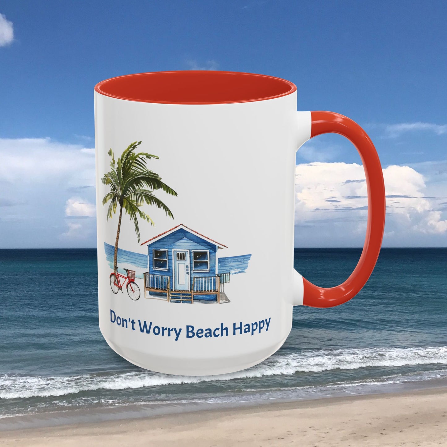 Don't Worry Beach Happy Personalized Coffee Cup 15oz. Custom name is optional. Perfect gift for the beach lover in your life or yourself.