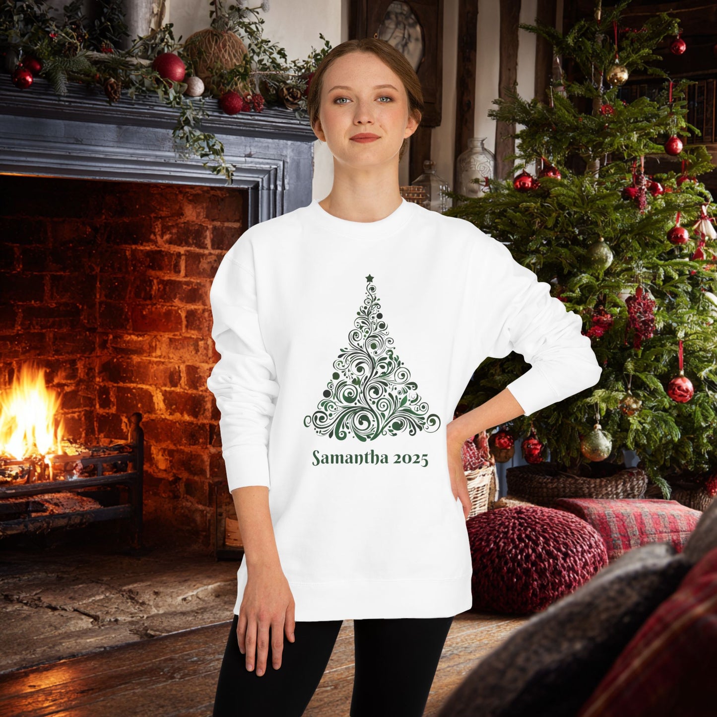Swirl Christmas Tree Custom Sweatshirt Unisex Crew Neck. Personalized text is optional.