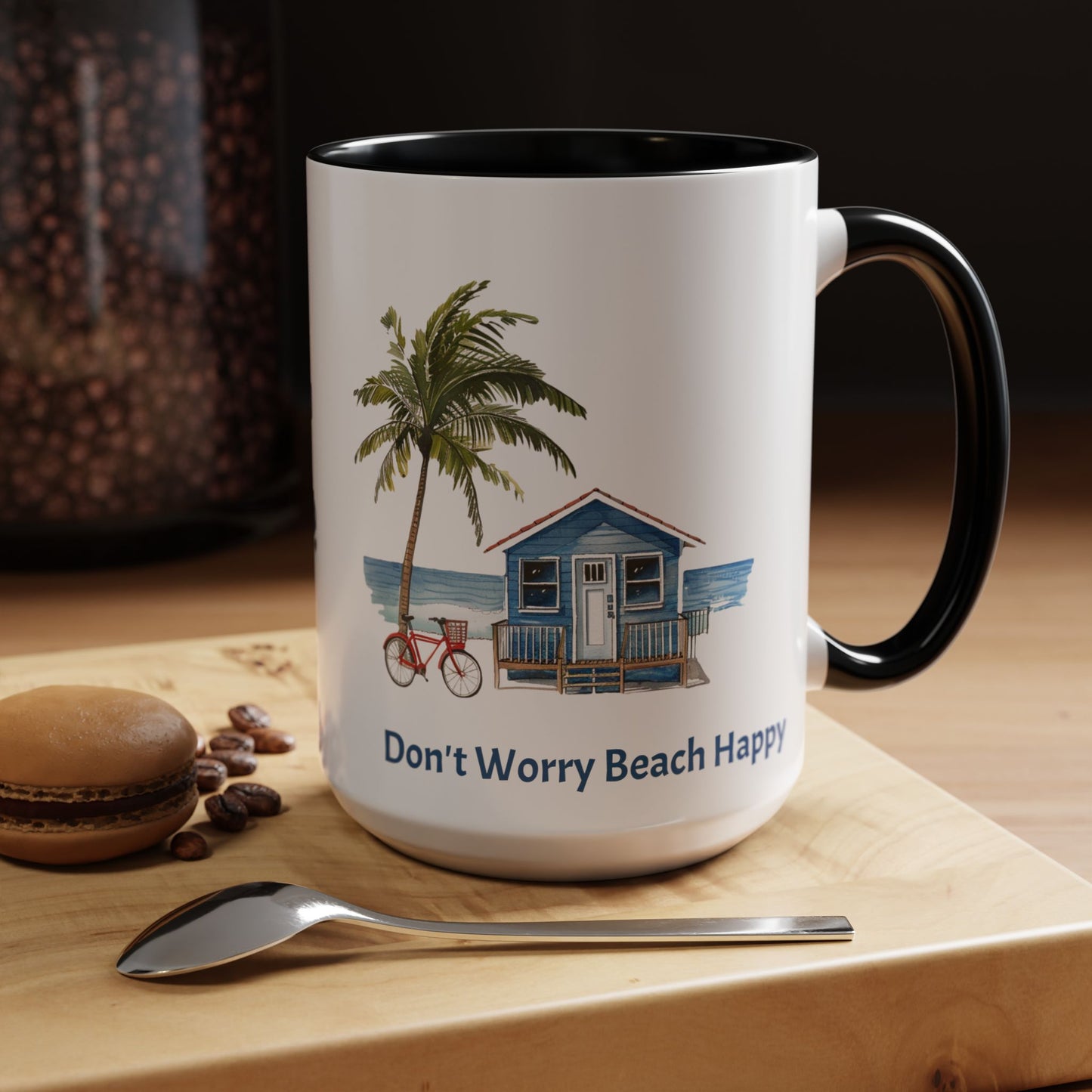 Don't Worry Beach Happy Personalized Coffee Cup 15oz. Custom name is optional. Perfect gift for the beach lover in your life or yourself.