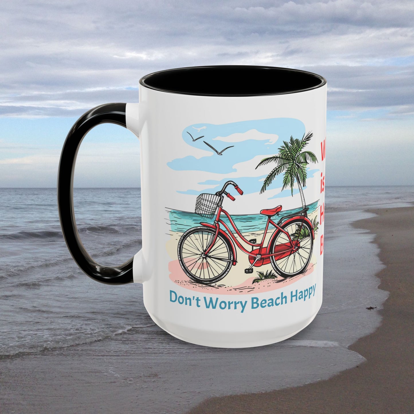 Retro Red Beach Bike, Don't Worry Beach Happy Coffee Cup, 15oz. Beach Bike coffee cup. Great gift for Mom. Great beach gift.