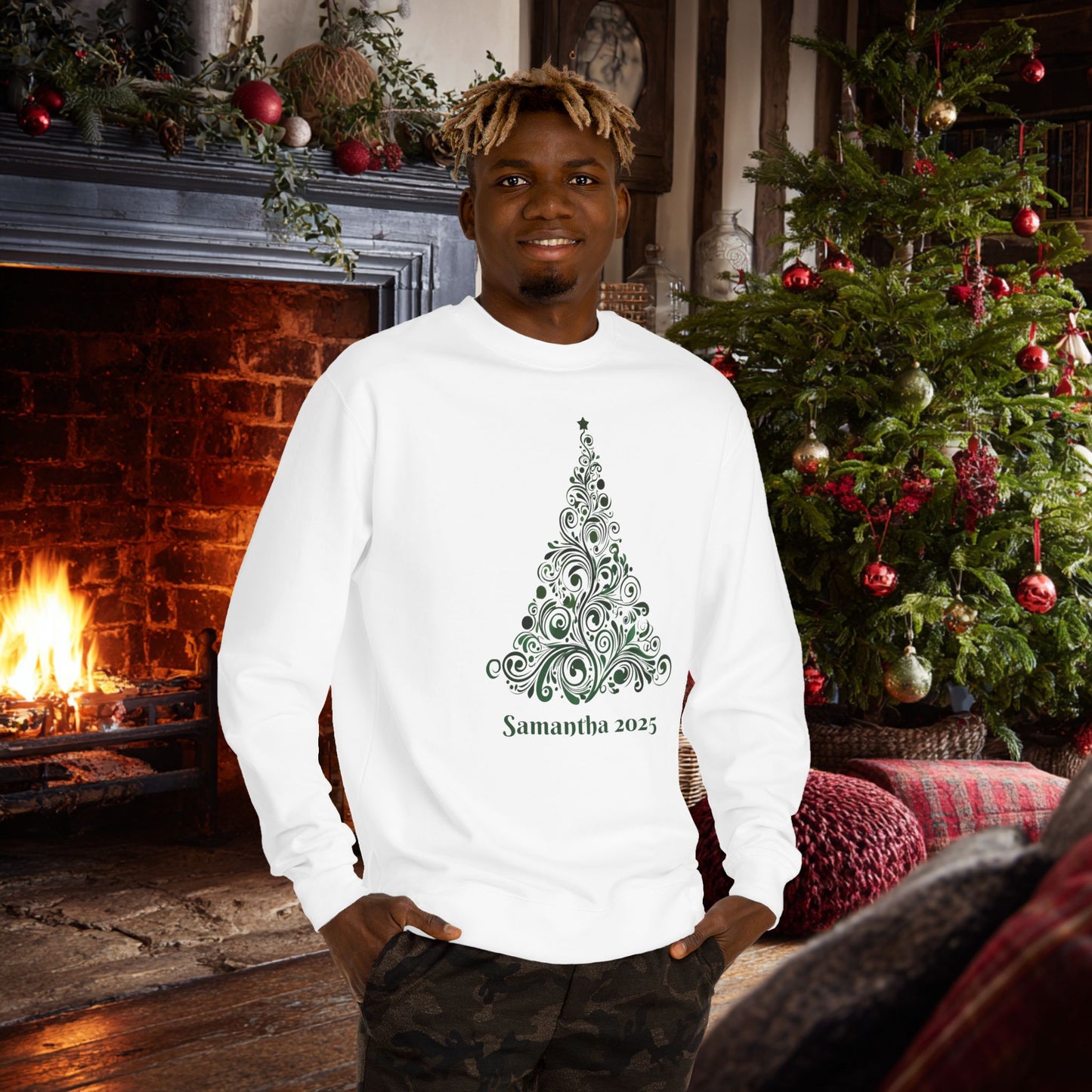 Swirl Christmas Tree Custom Sweatshirt Unisex Crew Neck. Personalized text is optional.