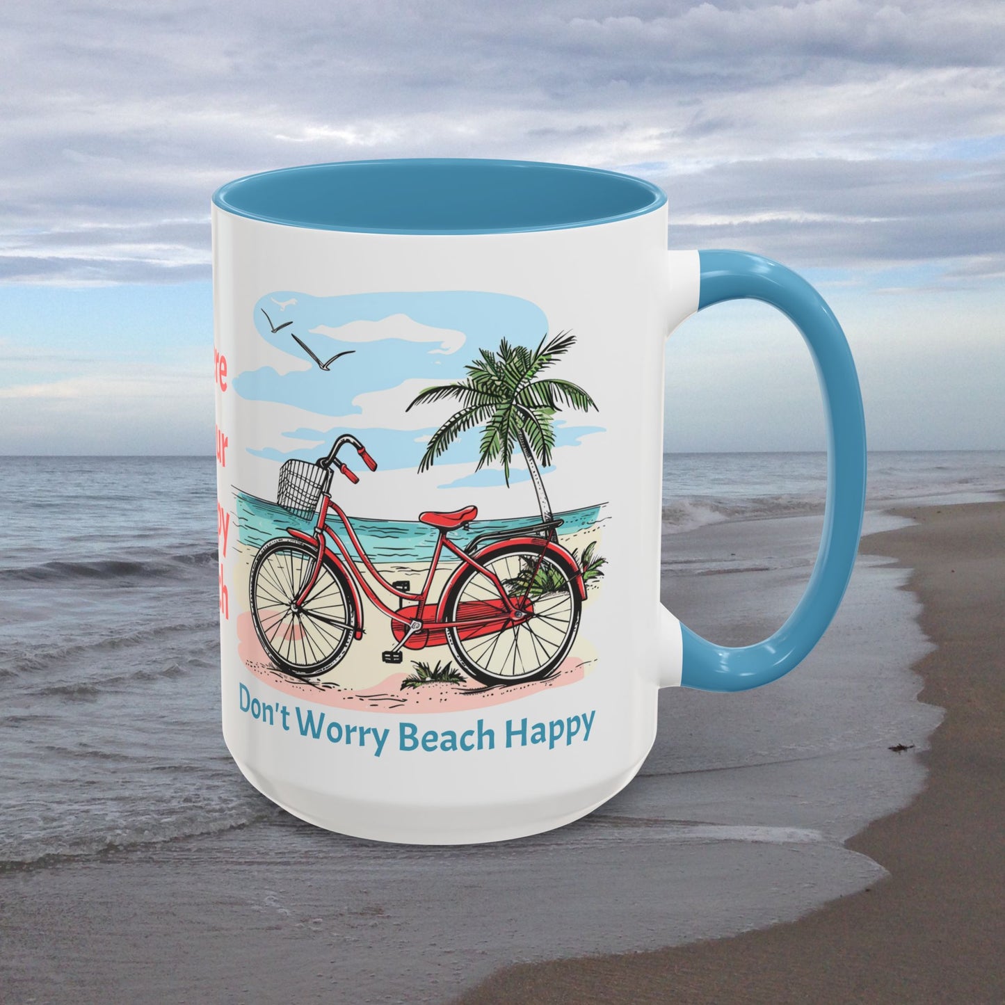 Retro Red Beach Bike, Don't Worry Beach Happy Coffee Cup, 15oz. Beach Bike coffee cup. Great gift for Mom. Great beach gift.