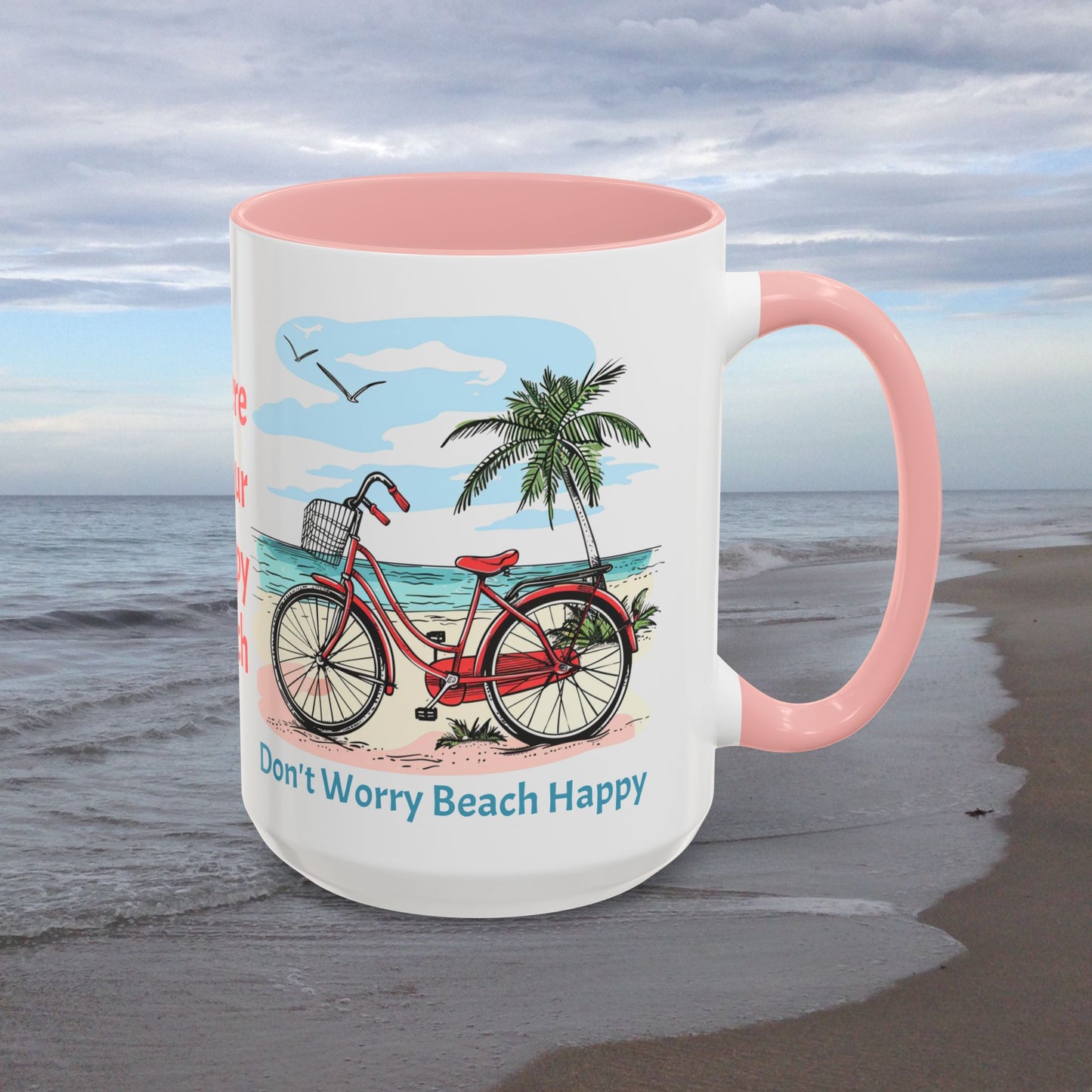 Retro Red Beach Bike, Don't Worry Beach Happy Coffee Cup, 15oz. Beach Bike coffee cup. Great gift for Mom. Great beach gift.