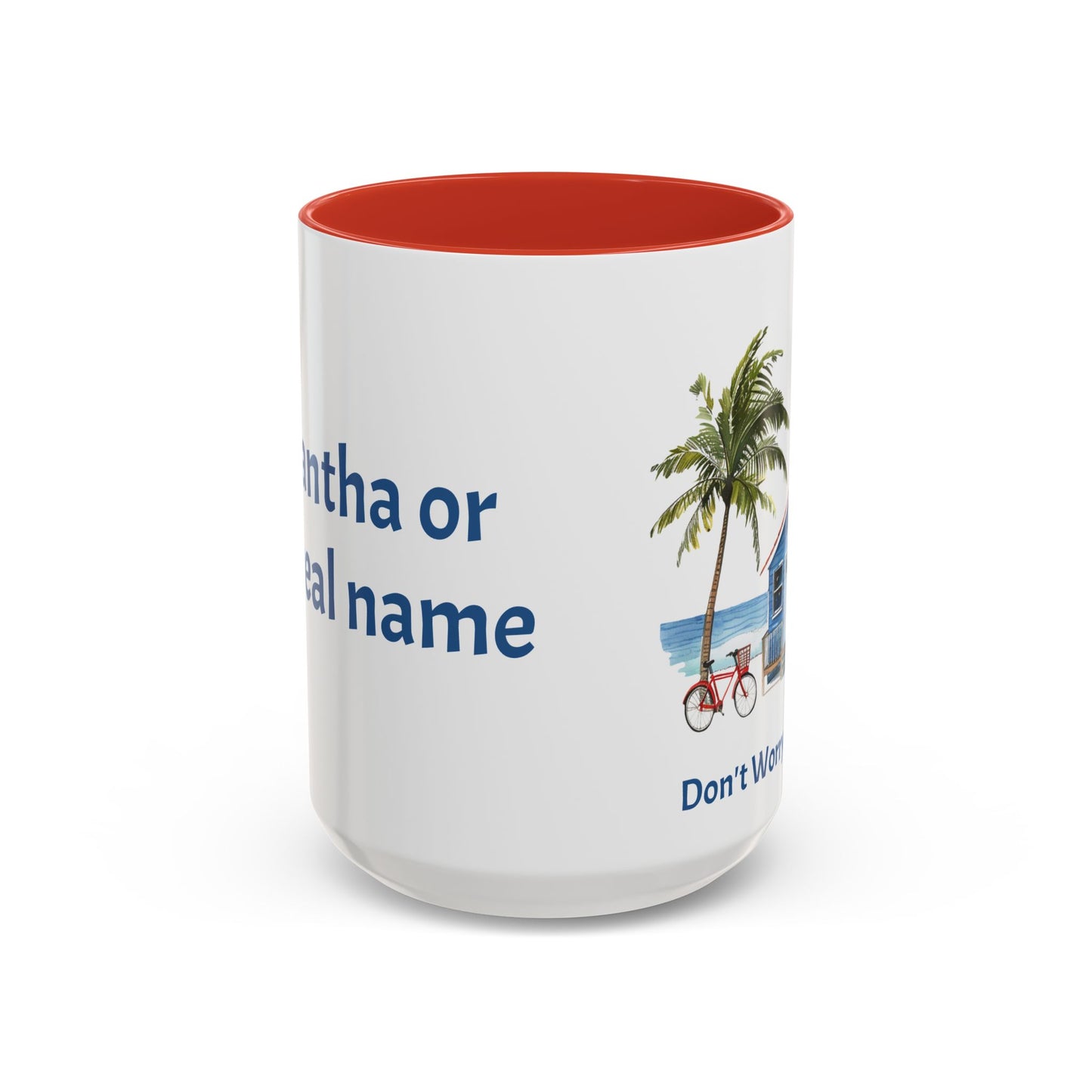 Don't Worry Beach Happy Personalized Coffee Cup 15oz. Custom name is optional. Perfect gift for the beach lover in your life or yourself.