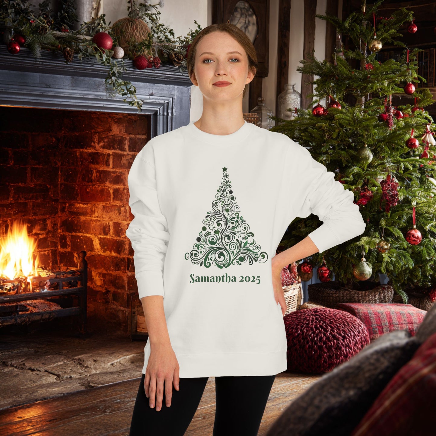 Swirl Christmas Tree Custom Sweatshirt Unisex Crew Neck. Personalized text is optional.