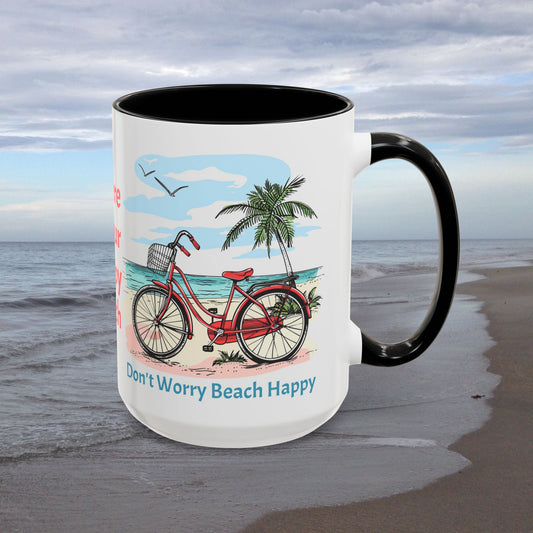 Retro Red Beach Bike, Don't Worry Beach Happy Coffee Cup, 15oz. Beach Bike coffee cup. Great gift for Mom. Great beach gift.