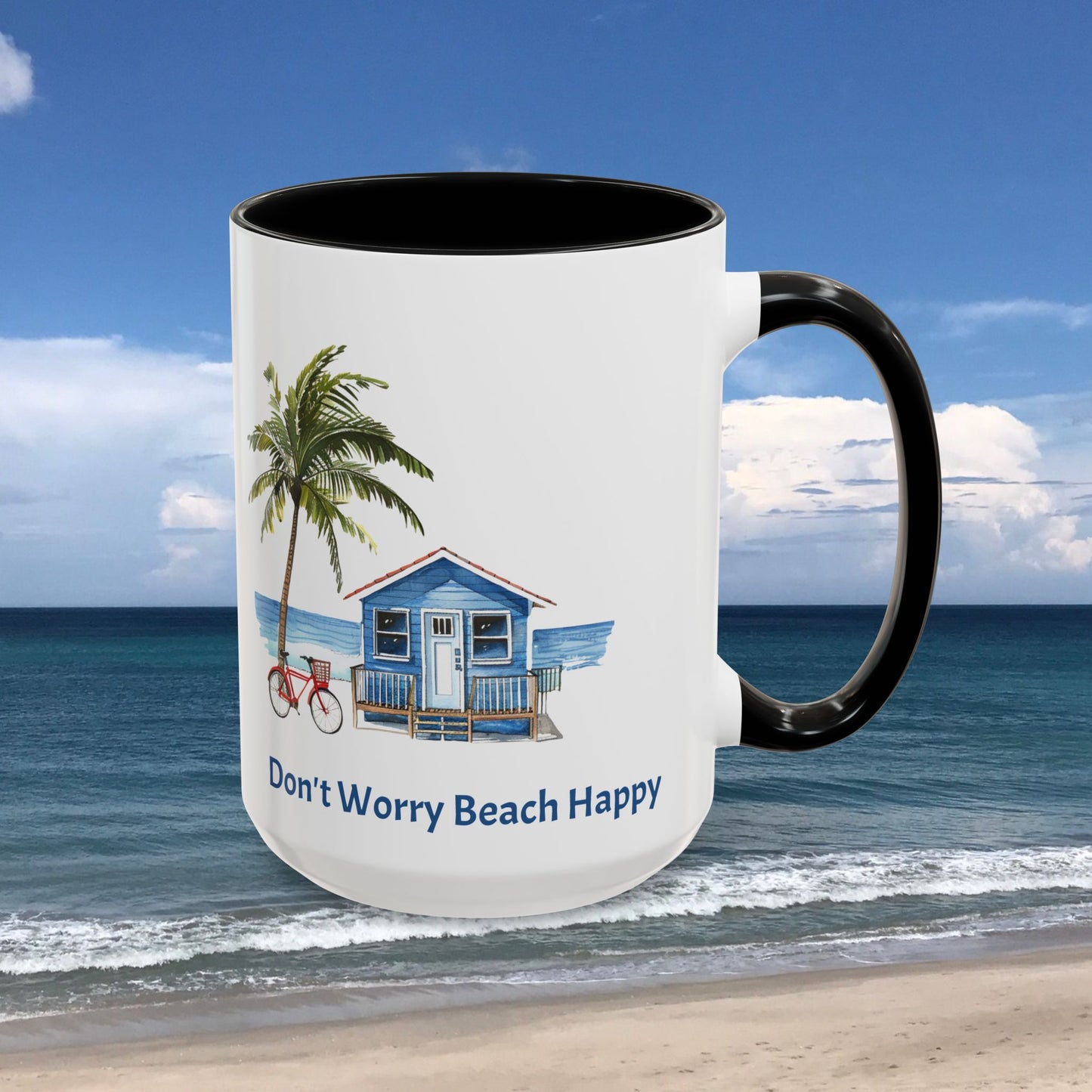 Don't Worry Beach Happy Personalized Coffee Cup 15oz. Custom name is optional. Perfect gift for the beach lover in your life or yourself.