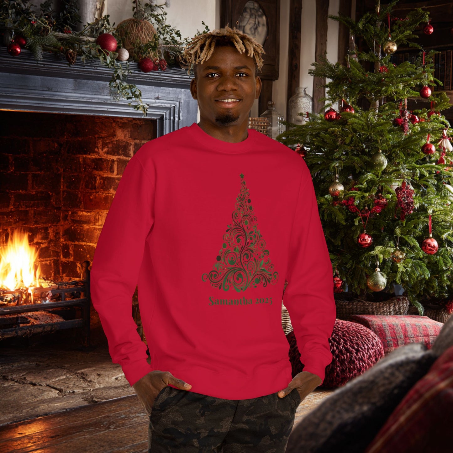 Swirl Christmas Tree Custom Sweatshirt Unisex Crew Neck. Personalized text is optional.