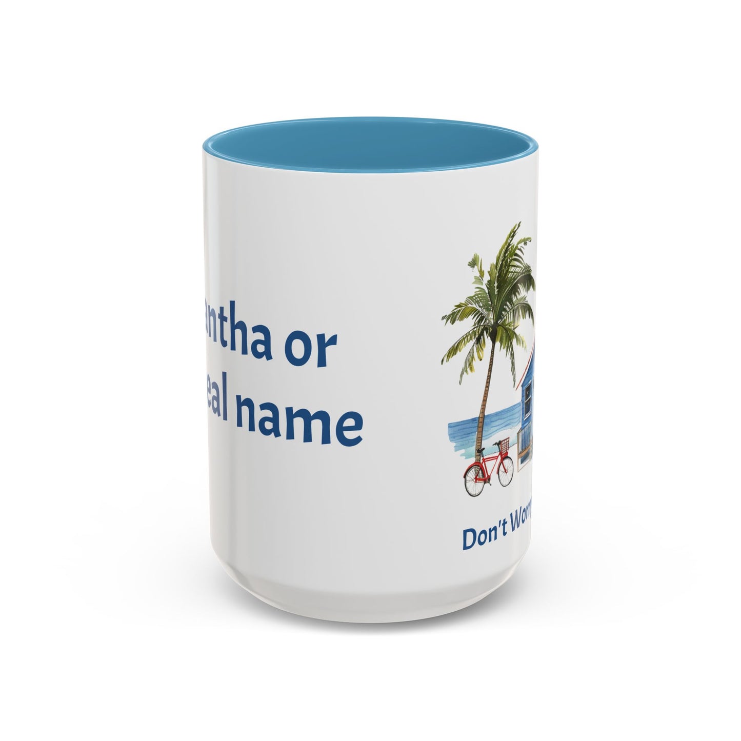 Don't Worry Beach Happy Personalized Coffee Cup 15oz. Custom name is optional. Perfect gift for the beach lover in your life or yourself.