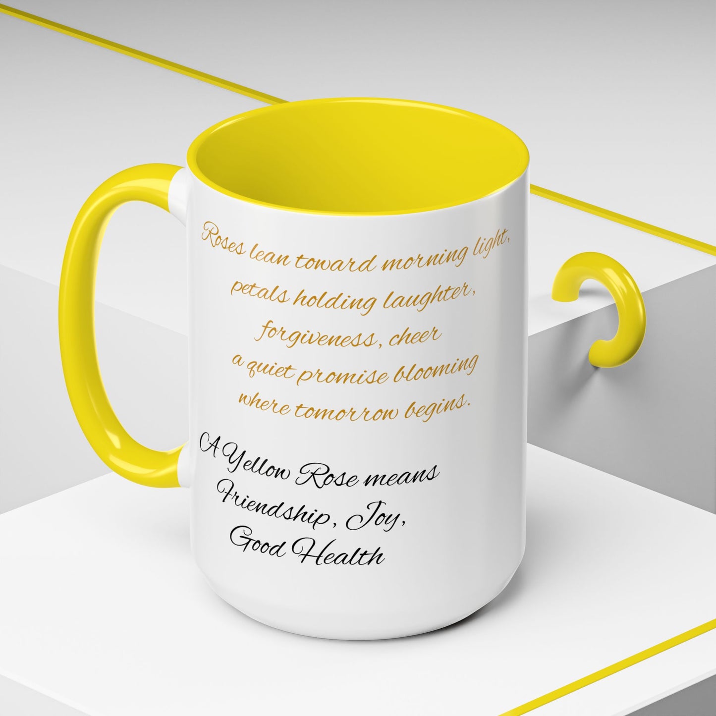 Personalized Language of Flowers Yellow Rose Coffee Mugs, 15oz. Add Custom Text to this Rose cup to make it a perfect gift!