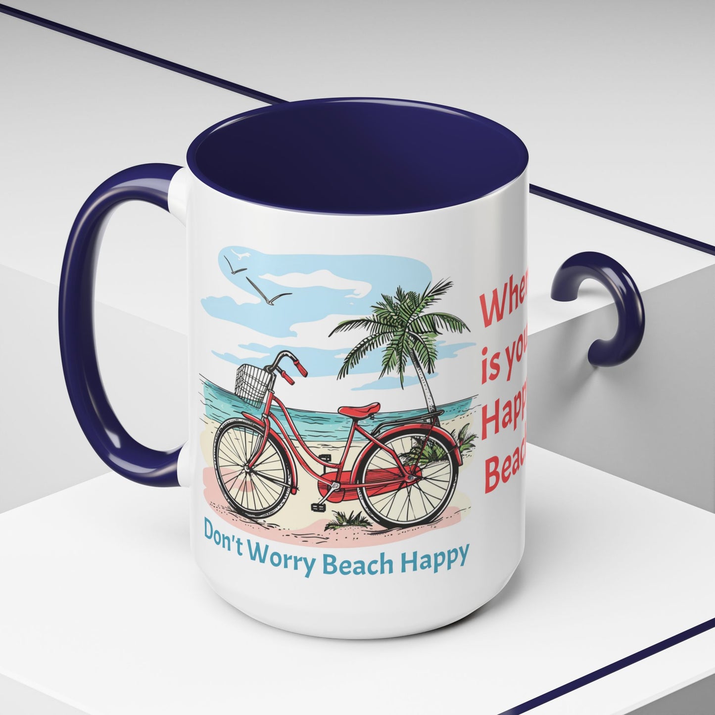 Retro Red Beach Bike, Don't Worry Beach Happy Coffee Cup, 15oz. Beach Bike coffee cup. Great gift for Mom. Great beach gift.