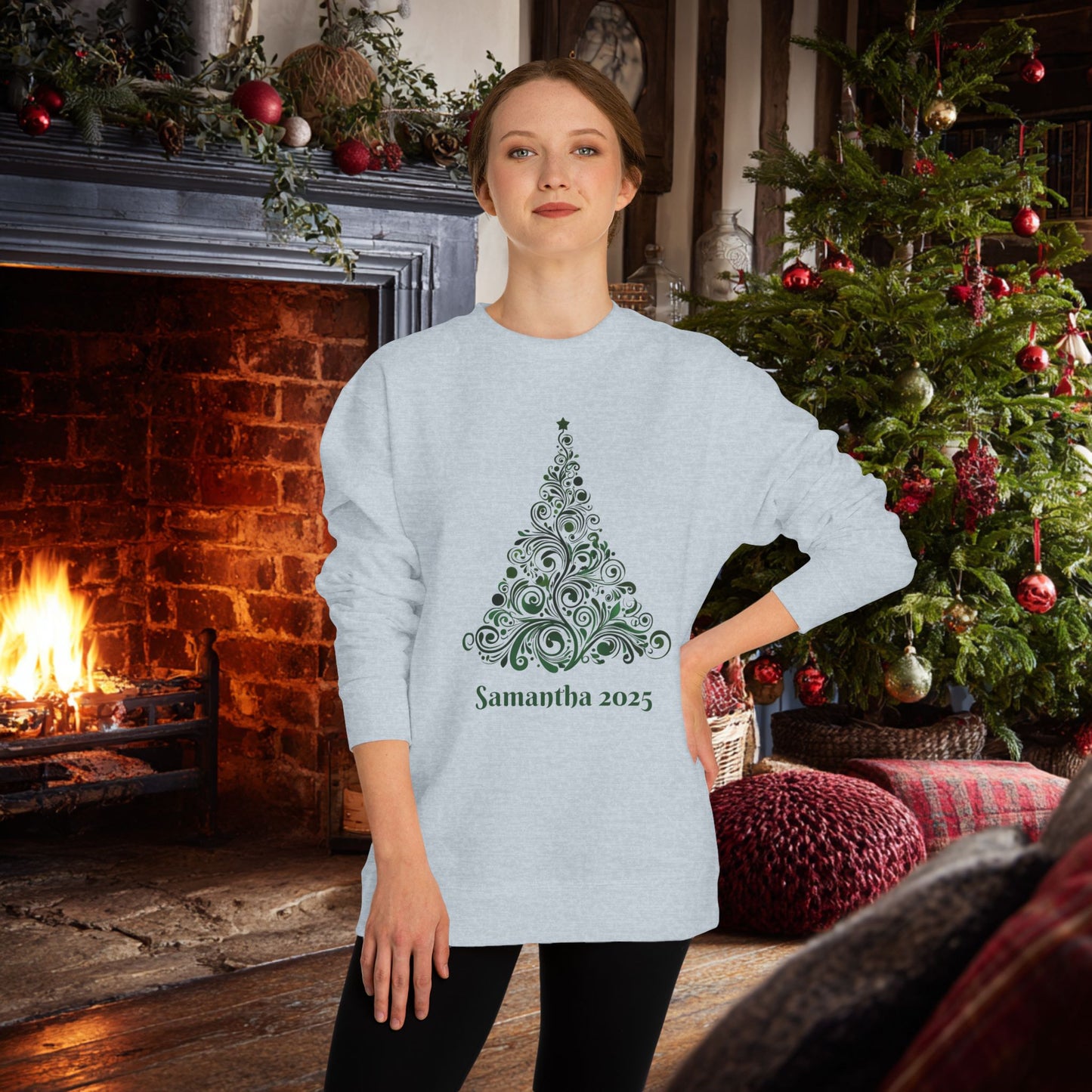 Swirl Christmas Tree Custom Sweatshirt Unisex Crew Neck. Personalized text is optional.
