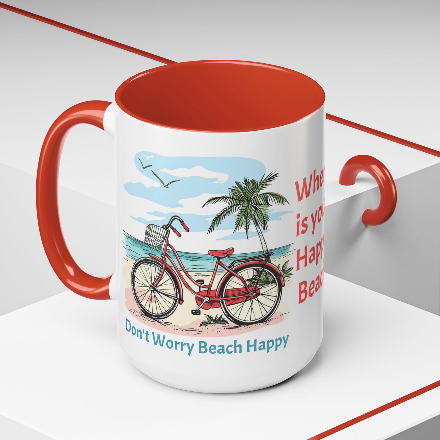 Retro Red Beach Bike, Don't Worry Beach Happy Coffee Cup, 15oz. Beach Bike coffee cup. Great gift for Mom. Great beach gift.