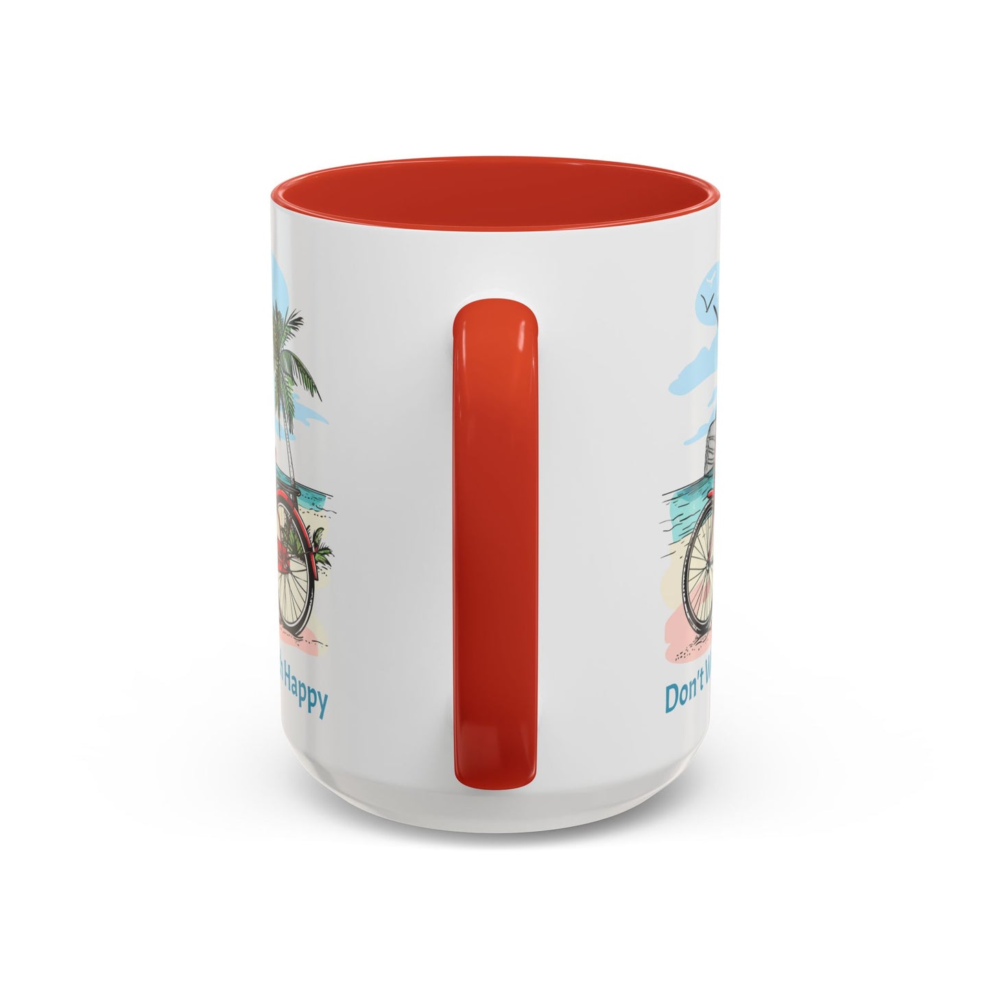 Retro Red Beach Bike, Don't Worry Beach Happy Coffee Cup, 15oz. Beach Bike coffee cup. Great gift for Mom. Great beach gift.