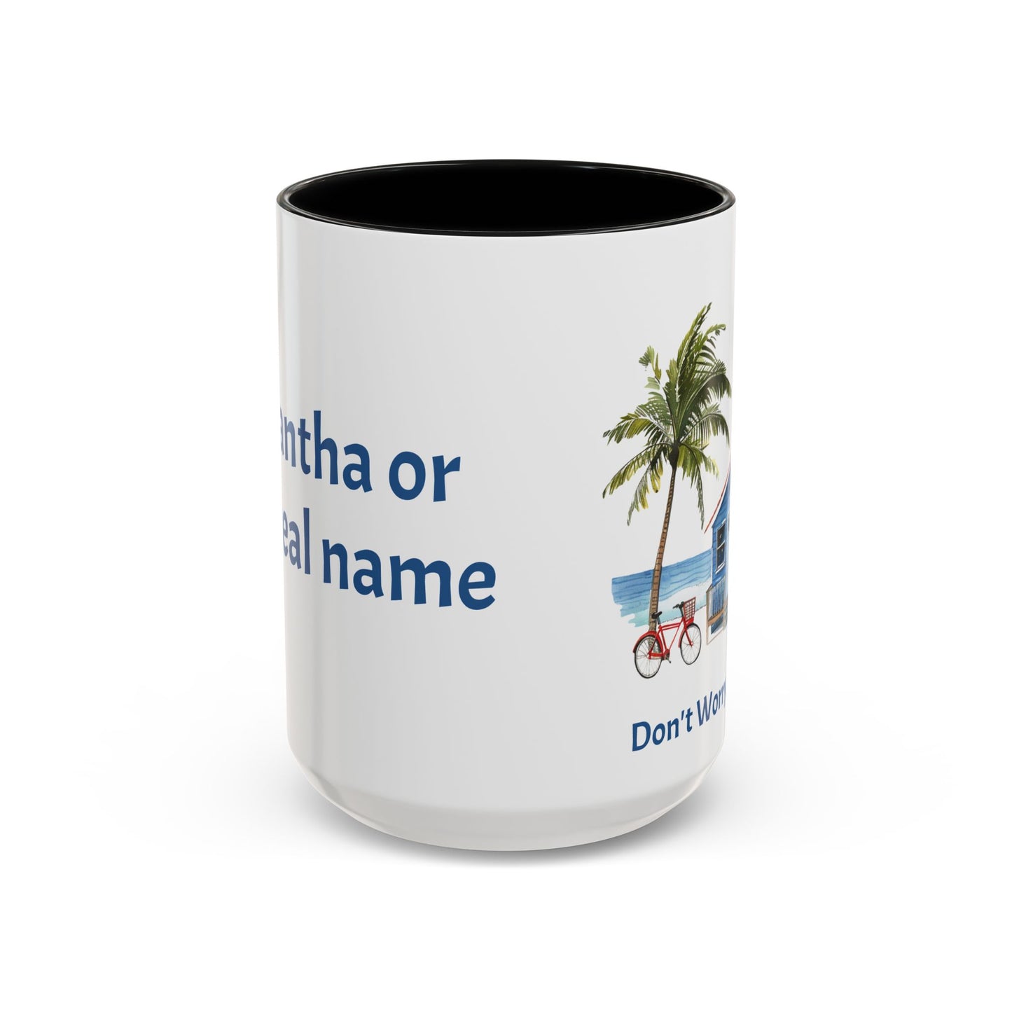 Don't Worry Beach Happy Personalized Coffee Cup 15oz. Custom name is optional. Perfect gift for the beach lover in your life or yourself.
