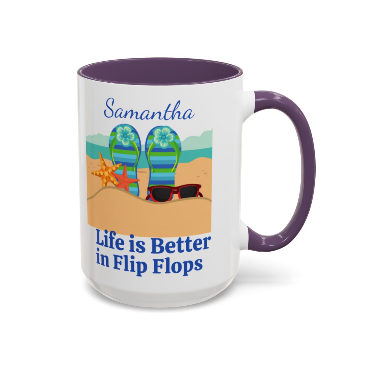 Personalized Life is Better in Flip Flops Coffee Mugs, 15oz. Custom Coffee Cup with Flip Flops and the Beach for your favorite Beach Lover!