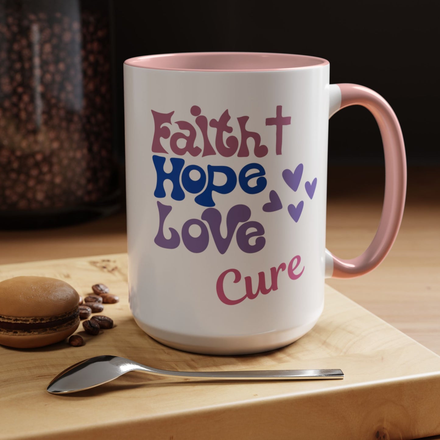 Faith Hope Love Cure Ceramic Coffee Cup 15 oz Cancer awareness, breast cancer