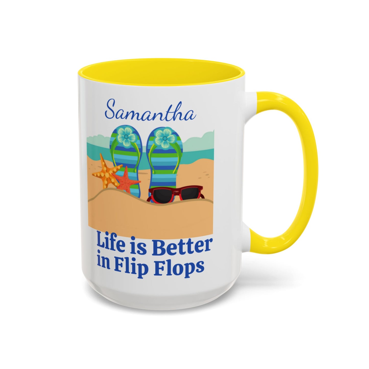 Personalized Life is Better in Flip Flops Coffee Mugs, 15oz. Custom Coffee Cup with Flip Flops and the Beach for your favorite Beach Lover!