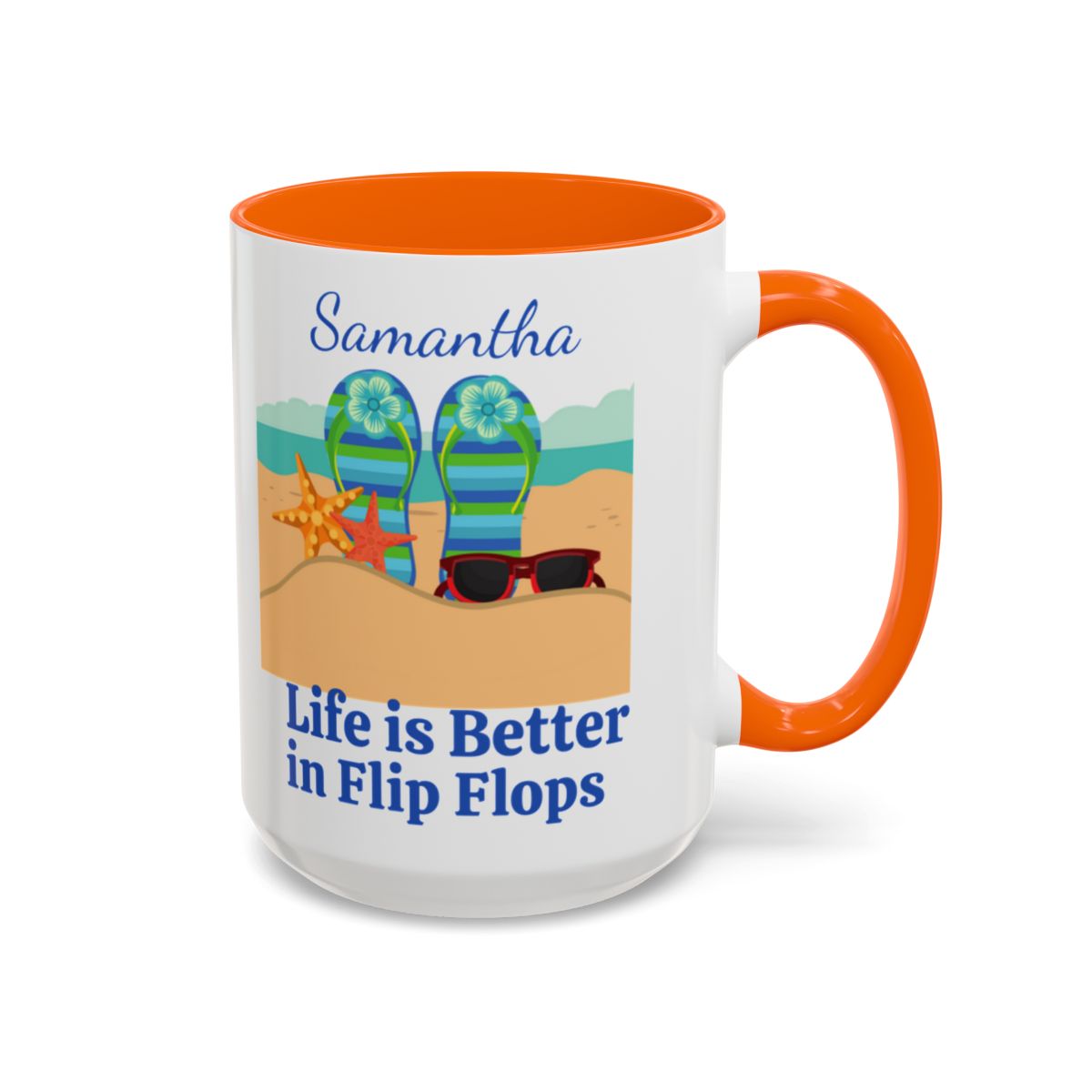 Personalized Life is Better in Flip Flops Coffee Mugs, 15oz. Custom Coffee Cup with Flip Flops and the Beach for your favorite Beach Lover!